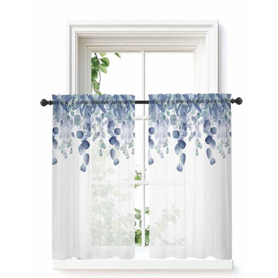 Blue Teal Botanical Curtains 54 Inch Length, Sheer Curtains for Bedroom Living Room Window Eucalyptus Leaves Pastoral Floral Rod Pocket Drapes Kitchen Curtains Small Half Window 42"x54" 2 Panels