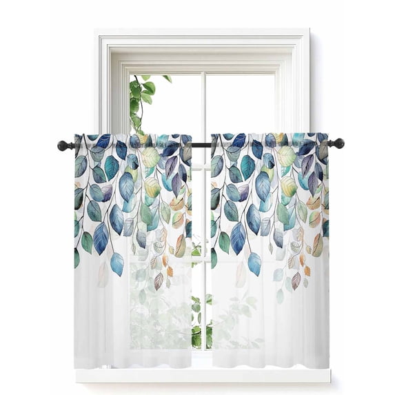Blue Teal Botanical Curtains 54 Inch Length, Sheer Curtains for Bedroom Living Room Window Weeping Fall Eucalyptus Leaves Rod Pocket Voile Drapes Kitchen Curtains Small Half Window 52"x54" 2 Panels
