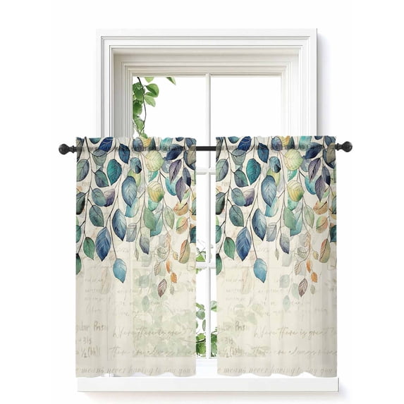 Blue Teal Botanical Curtains 54 Inch Length,Sheer Curtains for Bedroom Living Room Window Weeping Fall Eucalyptus Leaves Rustic Rod Pocket Drapes Kitchen Curtains Small Half Window 52"x54" 2 Panels