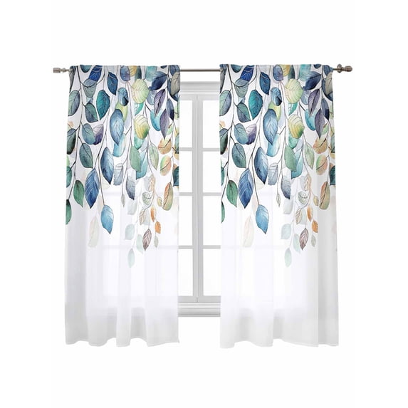 Blue Teal Botanical Curtains 63 Inch Length, Sheer Curtains for Bedroom Living Room Window Weeping Fall Eucalyptus Leaves Rod Pocket Voile Drapes Kitchen Curtains Small Half Window 42"x63" 2 Panels