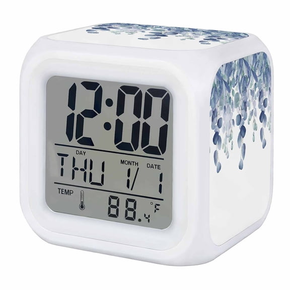 Blue Teal Botanical Digital Alarm Clock for Bedrooms,Smart LED Alarm Clock with 7 Color Changing Night Light,Eucalyptus Leaves Pastoral Floral Silent Wake Up Clocks for Sleep Study Cooking 3.2"x3.2"