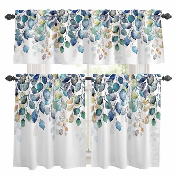 Blue Teal Botanical Kitchen Curtains, Kitchen Curtains and Valances Set of 3, Weeping Fall Eucalyptus Leaves Light Filtering Tailored Tier Curtain 24 Inch Length Drapes for Cafe Sink Bedroom