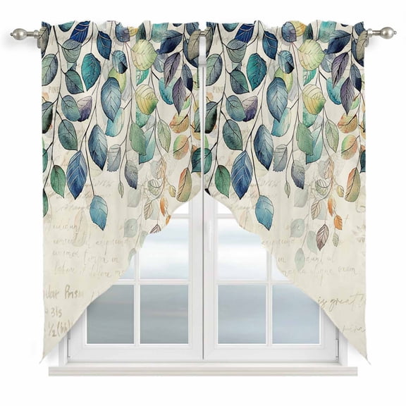 Blue Teal Botanical Kitchen Window Curtains, Swag Curtains Valance for Bedroom Living Room Bathroom, Weeping Fall Eucalyptus Leaves Rustic Rod Pocket Window Curtain Block Drapes 2 Panels 28"x36"