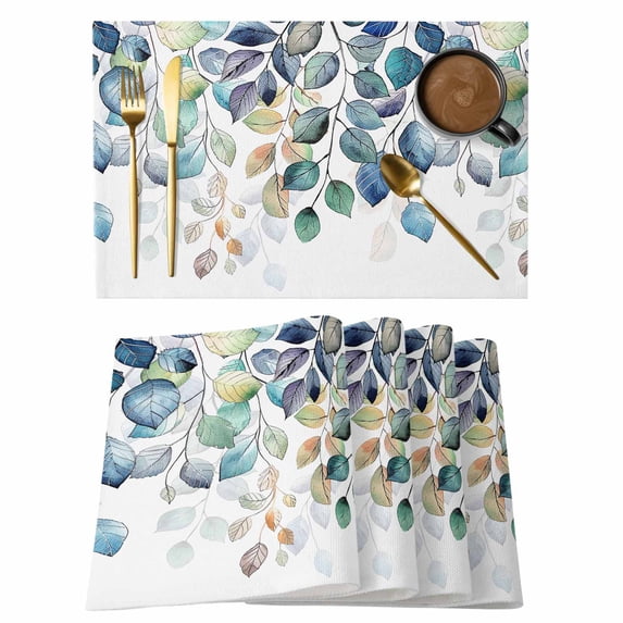 Blue Teal Botanical Placemats Set of 8, Cotton Linen Fabric Place Mats, Weeping Fall Eucalyptus Leaves Washable Decorative Table Mats Protector for Home Kitchen Dining Wedding Party Coffee Tables