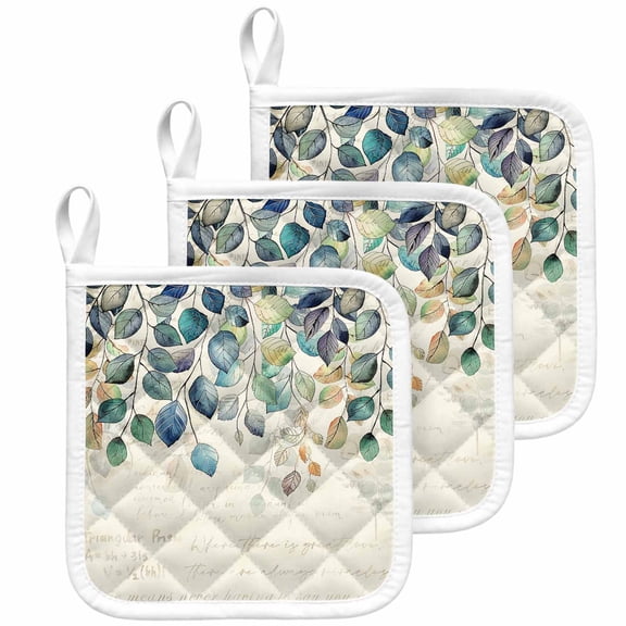 Blue Teal Botanical Pot Holders for Kitchen Heatproof Potholder, 3 Pack Weeping Fall Eucalyptus Leaves Rustic Hot Pads Multipurpose Oven Pads Cloth Potholders Trivet for Cooking Baking
