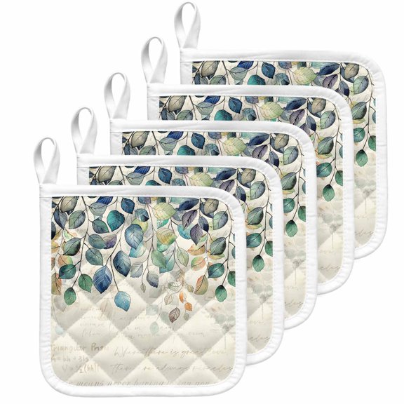 Blue Teal Botanical Pot Holders for Kitchen Heatproof Potholder, 5 Pack Weeping Fall Eucalyptus Leaves Rustic Hot Pads Multipurpose Oven Pads Cloth Potholders Trivet for Cooking Baking