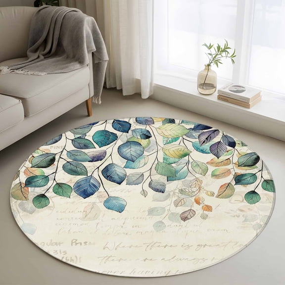 Blue Teal Botanical Round Area Rug 3.3 FT, Non Slip Small Entryway Kitchen Mat, Weeping Fall Eucalyptus Leaves Rustic Washable Soft Circular Rug Non-Shedding Door Mat for Bathroom Playroom Kids Room