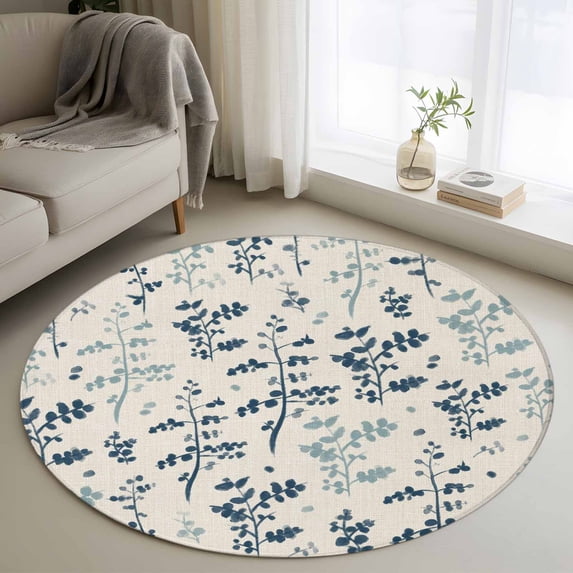 Blue Teal Botanical Round Area Rug 4Ft Washable Circle Rugs for Bedroom Dining Room, Rustic Country Spring Floral Summer Leaf Non-Slip Carpet Floor Mats Indoor Outdoor Carpet Runner Home Decor
