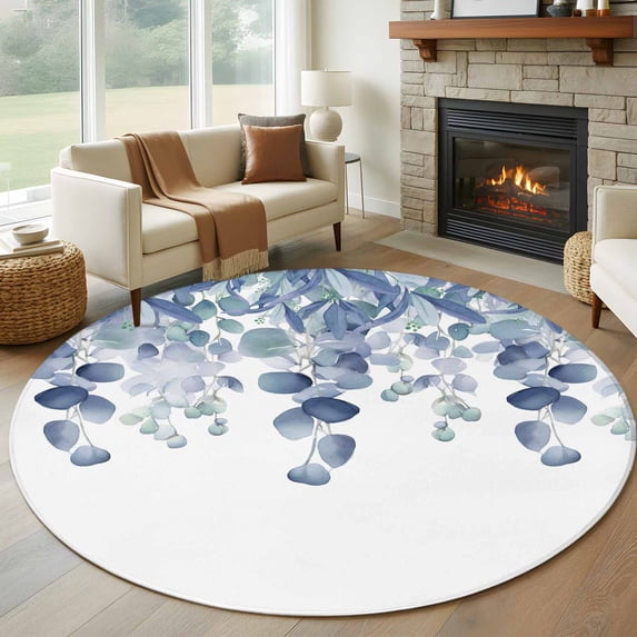 Blue Teal Botanical Round Area Rug 5 FT, Non Slip Bedroom Rugs, Eucalyptus Leaves Pastoral Floral Washable Soft Circular Carpet Non-Shedding Floor Mat for Kitchen Dining Room Foyer Balcony Dorm