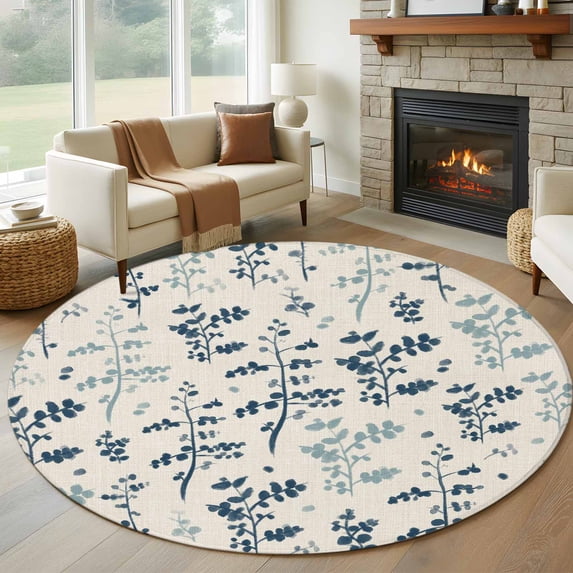 Blue Teal Botanical Round Area Rug 5Ft Washable Circle Rugs for Living Room Bedroom, Rustic Country Spring Floral Summer Leaf Non-Slip Carpet Floor Mats Indoor Outdoor Carpet Runner Home Decor