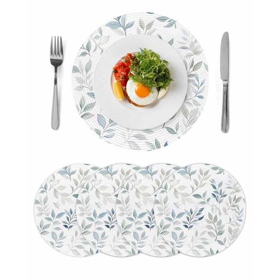 Blue Teal Botanical Round Placemats Set of 4 for Dinning Tables,Heat-proof Braided Table Mats 13 Inch,Watercolor Spring Summer Leaves Washable Place Mat for Kitchen Restaurant Party Table Decor