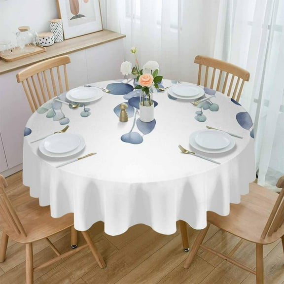 Blue Teal Botanical Round Tablecloth 60 Inch - Waterproof Fabric Table Cloth Protector, Eucalyptus Leaves Pastoral Floral Tablecloths Washable Table Cover for Kitchen Banquet Party