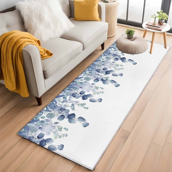 Blue Teal Botanical Runner Rug 2x6 FT,Non Slip Hallway Rugs,Eucalyptus Leaves Pastoral Floral Washable Soft Floor Carpet Throw Runner Carpet Long Rugs for Entryway Kitchen Bedside Sliding Door