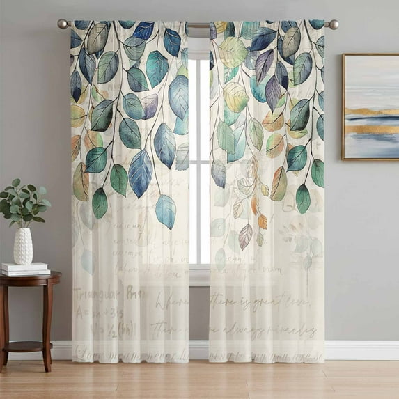 Blue Teal Botanical Semi Sheer Window Curtains 84 Inches Long, Weeping Fall Eucalyptus Leaves Rustic Rod Pocket Voile Silky Chiffon Curtain Light Filtering Drapes for Living Room, 52"x84", 2 Panels