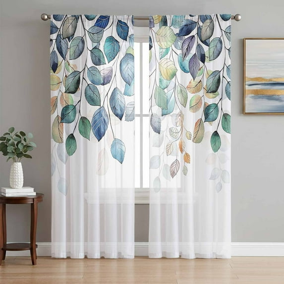 Blue Teal Botanical Sheer Curtains 63 Inch Length 2 Panels Set, Weeping Fall Eucalyptus Leaves Voile Window Treatment Rod Pocket Curtains Sheers Drapes for Bedroom/Living Room/Kitchen 52x"63"x2