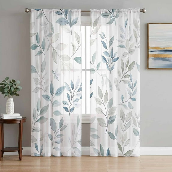Blue Teal Botanical Sheer Curtains 84 Inch Length 2 Panels Set, Watercolor Spring Summer Leaves Voile Window Treatment Rod Pocket Curtains Sheers Drapes for Bedroom/Living Room/Kitchen 52"x84"x2