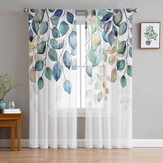 Blue Teal Botanical Sheer Curtains 84 Inches Long 2 Panels Set, Window Sheer Curtains for Living Room/Bedroom, Weeping Fall Eucalyptus Leaves Light Filtering Rod Pocket Curtain 52'' x 84'' x 2
