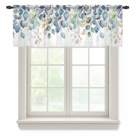 Blue Teal Botanical Sheer Curtains Valances for Windows Weeping Fall Eucalyptus Leaves Chiffon Kitchen Valances for Cafe, Rod Pocket Voile Window Treatments Curtains for Living Room Bedroom, 42"x12"