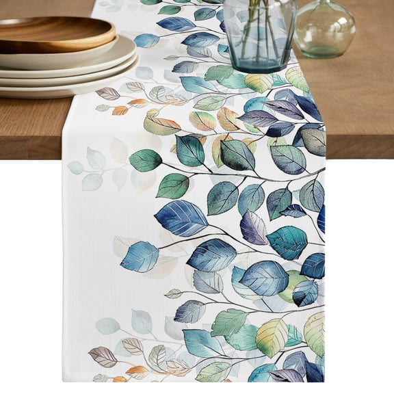 Blue Teal Botanical Short Table Runner 36 Inches Long,Weeping Fall Eucalyptus Leaves Cotton Linen Table Runners Dresser Scarves,Fabric Tabletop Scarf Furniture Cover for Home Dinner Party 13"x36"