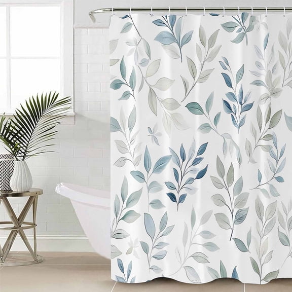 Blue Teal Botanical Small Stall Shower Curtain, Waterproof Shower Curtains for Bathroom, Watercolor Spring Summer Leaves Washable Fabric Cloth Bath Curtain for Bathtub with Hooks 36x72 Inches