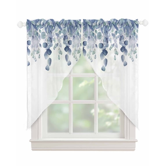 Blue Teal Botanical Swag Valances for Windows, Eucalyptus Leaves Pastoral Floral Rod Pocket Sheer Valances for Large Windows, Swag Toppers Light Filtering for Kitchen Living Room 2 Panels 36''x63''