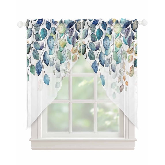 Blue Teal Botanical Swag Valances for Windows, Weeping Fall Eucalyptus Leaves Rod Pocket Sheer Valances for Large Windows, Swag Toppers Light Filtering for Kitchen Living Room 2 Panels 36''x63''