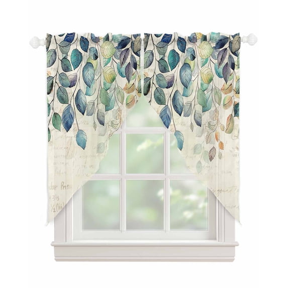 Blue Teal Botanical Swag Valances for Windows, Weeping Fall Eucalyptus Leaves Rustic Rod Pocket Sheer Valances for Windows, Swag Toppers Light Filtering for Kitchen Living Room 2 Panels 36''x63''