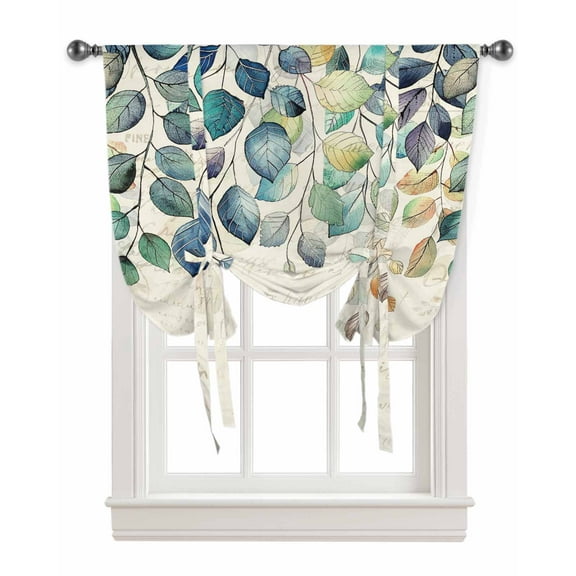 Blue Teal Botanical Tie Up Curtains for Kitchen Bathroom Bedroom Windows 54 Inch Length, Weeping Fall Eucalyptus Leaves Rustic Balloon Drape Curtains Shade Rod Pocket Drapery Curtain Panel, 42"x63"