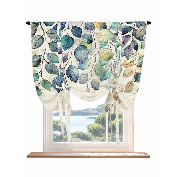 Blue Teal Botanical Tie Up Curtains for Windows 63 Inch Length Balloon Curtains Kitchen Adjustable Balloon Window Shade Weeping Fall Eucalyptus Leaves Rustic Tie Up Bathroom Curtain Window 46"x63"