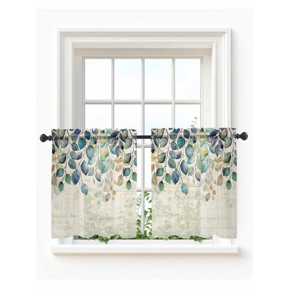 Blue Teal Botanical Tier Curtains 24 Inch Length,Sheer Curtains for Bedroom Living Room Window Weeping Fall Eucalyptus Leaves Rustic Small Half Window Kitchen Curtains & Drapes 27.5"x24" 2 Panels