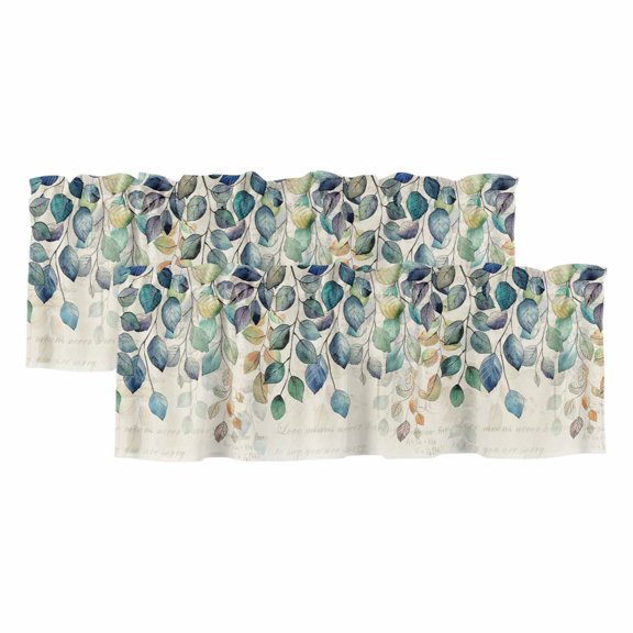 Blue Teal Botanical Valances for Windows, Weeping Fall Eucalyptus Leaves Rustic Light Filtering Kitchen Curtains, Rod Pocket Window Valance Curtains for Living Room Bedroom, 54" W x 18" L, 2 Panels