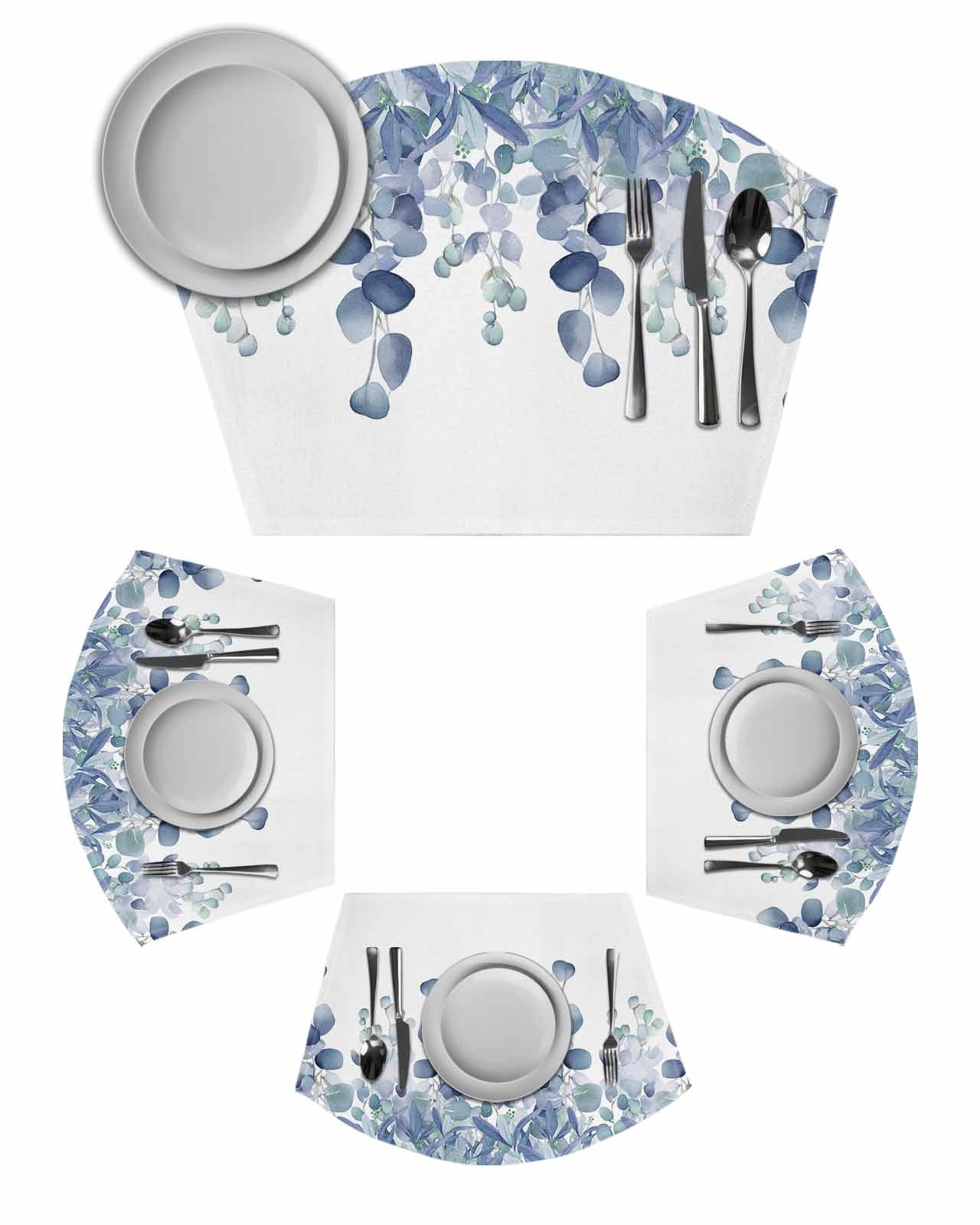 Blue Teal Botanical Wedge Shaped Placemats Set of 4, Cotton Linen Fan ...