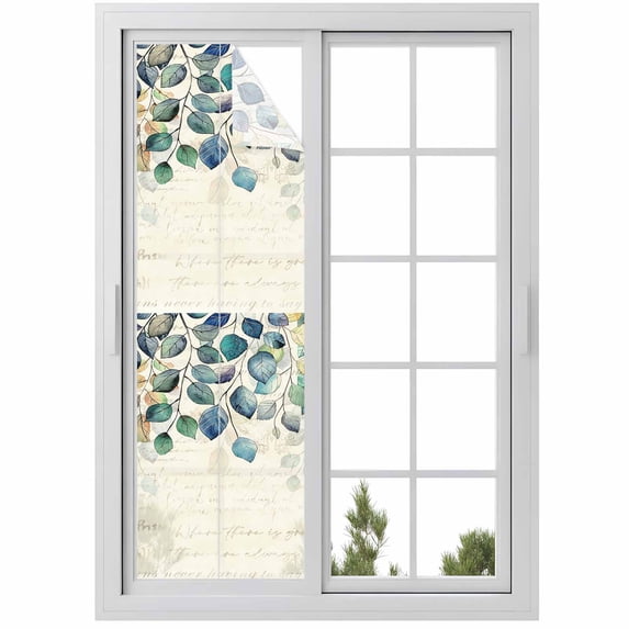 Blue Teal Botanical Window Privacy Film, Weeping Fall Eucalyptus Leaves Rustic Static Cling UV Sun Blocking Heat Control Window Tint, Non-Adhesive One Way Windows Privacy Cover 17.7''x78.7''