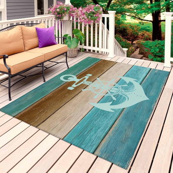 Blue Teal Brown Outdoor Rug for Patio/Deck/Porch, Non-Slip Large Area Rug 3 x 5 Ft, Anchor Nautical Coastal Ocean Wooden Indoor Outdoor Rugs Washable Area Rugs, Reversible Camping Rug Carpet Runner