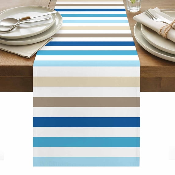 Blue Teal Brown Striped Table Runner - 36 Inch Long, Kitchen Dining Table Runner Dresser Scarves, Farmhouse Stripes Simple Art Farmhouse Decor for Coffee Tables Wedding Party Banquet