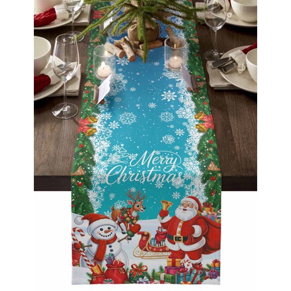 Blue Teal Christmas Dresser Scarf Farmhouse, Dining Table Decorations for Wedding/Parties, Santa Snowman Elk Gifts Snowflake Xmas Table Runner 72 Inches Long for Kitchen Dining, 18 x 72 In