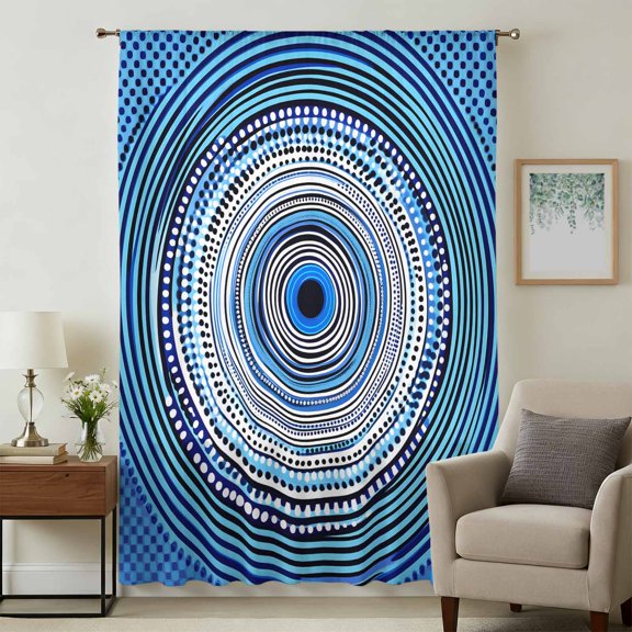 Blue Teal Circle Sheer Curtains 45 Inches Long, Stripes Farmhouse Modern Art Light Filering Curtains, Breathable Simi Curtain Privacy Drapes for Kitchen Bathroom Lightweight Small Window Treatment