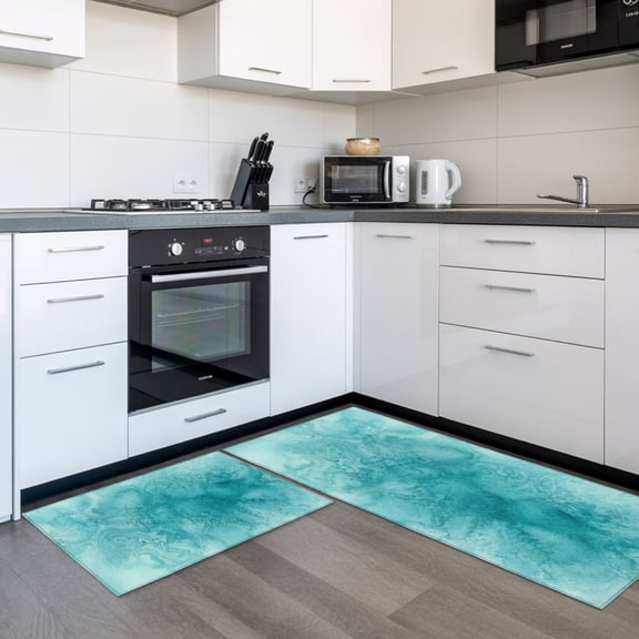 Blue Teal Clouds 2 Pieces Non-Slip Kitchen Mat Set, Modern Abstract Art Fantasy Smoke Fog Soft Door Mat with Rubber Backing, Dirtproof Rugs for Entrance Doorway, 23.6x35.4in+23.6x70.9in