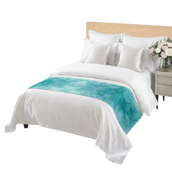 Blue Teal Clouds Bed Runner for Bedroom, Modern Abstract Art Fantasy Smoke Fog Decorative Satin Bed Runners & Scarves for Foot of Queen Beds Bedding Throws for Hotel Guest Room 83" x 20"