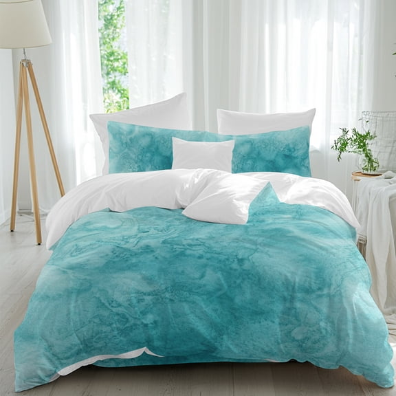 Blue Teal Clouds Full Duvet Cover Set, Modern Abstract Art Fantasy Smoke Fog 4 Piece Microfiber Bedding Set with Zipper Closure, Bed Sheet and 2 Pillow Shams, Soft Bedding Cover