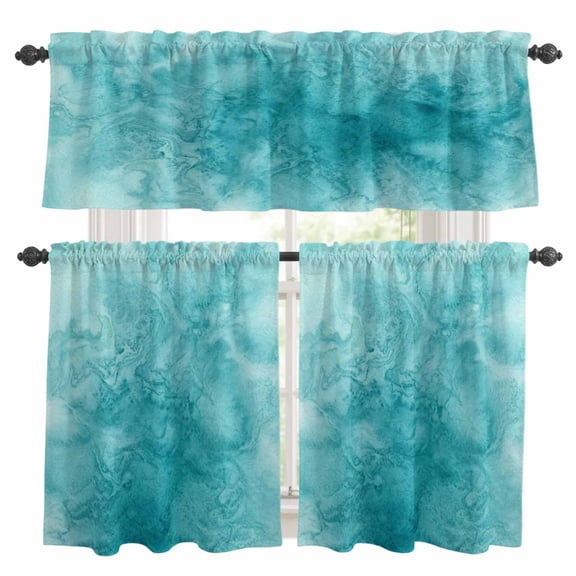 Blue Teal Clouds Kitchen Curtains Valances 3 Piece Set, Modern Abstract Art Fantasy Smoke Fog Rod Pocket Tier Curtain and Valance Drapes for Small Window 24 Inch Length for Bedroom Cafe