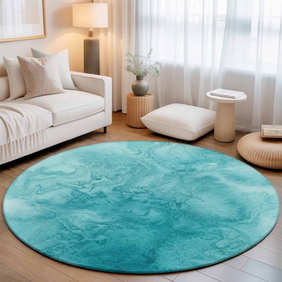Blue Teal Clouds Round Rug 4Ft Modern Abstract Art Fantasy Smoke Fog Circle Area Rugs Washable Non Slip Indoor Floor Mats Carpet for Living Room Bedroom Dining Room Home Decor