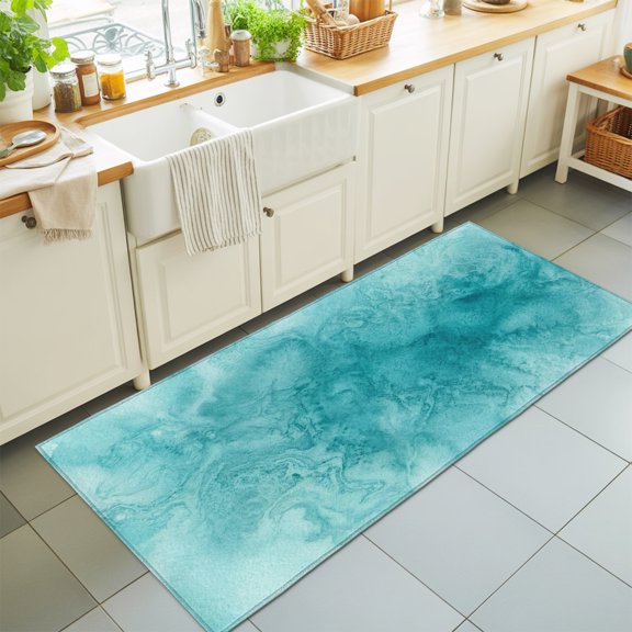 Blue Teal Clouds Washable Runner Rugs 2'x6', Modern Abstract Art Fantasy Smoke Fog Washable Runner Rug Non-Slip Sturdy Edge Binding Carpet for Bedside Hallway Runner Kitchen Galley