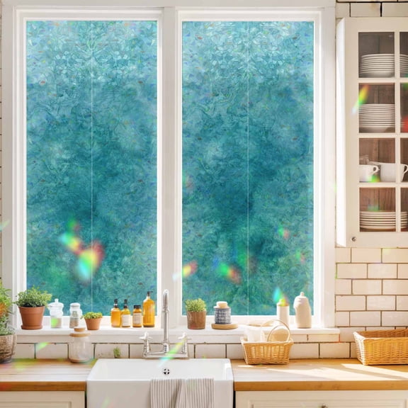 Blue Teal Clouds Window Privacy Film Modern Abstract Art Fantasy Smoke Fog Static Cling Stained Glass Window Film Non-Adhesive Decorative Decals Rainbow Sticker 17.7"X39.3"