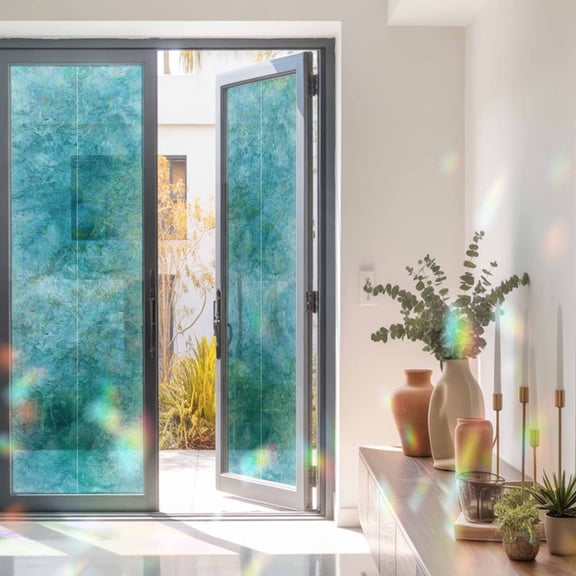 Blue Teal Clouds Window Privacy Film Modern Abstract Art Fantasy Smoke Fog Static Cling Stained Glass Window Film Non-Adhesive Decorative Decals Rainbow Sticker 29.5"X118"