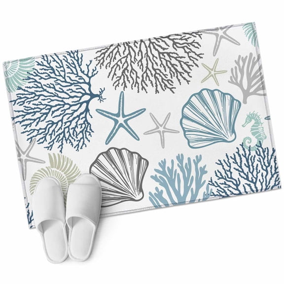 Blue Teal Coastal 2'x3' Washable Rug, Summer Beach Coral Shell Starfish Non-Slip Soft Doormat Area Rugs for Entrance Bathroom Bedsides, Carpet for Kitchen Bedroom, Entryway Floor Mat