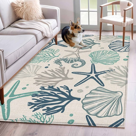 Blue Teal Coastal Area Rug 3x5 Washable Rug Non Slip Summer Beach Starfish Coral Nautical Rustic Large Area Rug Indoor Floor Carpet for Entryway Bedroom Kitchen Living Room Home Office Dining Room