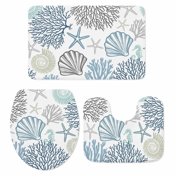 Blue Teal Coastal Bath Mat 3 Piece Bathroom Rug Set, Summer Beach Coral Shell Starfish Non Slip Bath Rug Contour Mat and Toilet Lid Cover, Absorbent Shower Mats Soft Bath Rugs and Mats Sets