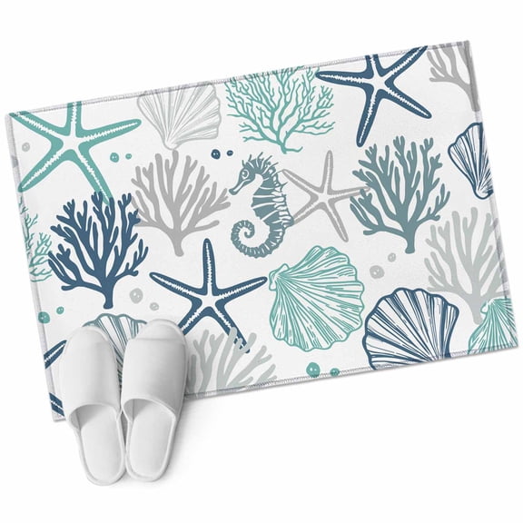 Blue Teal Coastal Bathroom Mat 2x3 FT, Non Slip Small Kitchen Mat, Summer Beach Starfish Coral Nautical Washable Soft Backed Front Door Throw Rug Indoor Outdoor Doormat for Entryway Sink