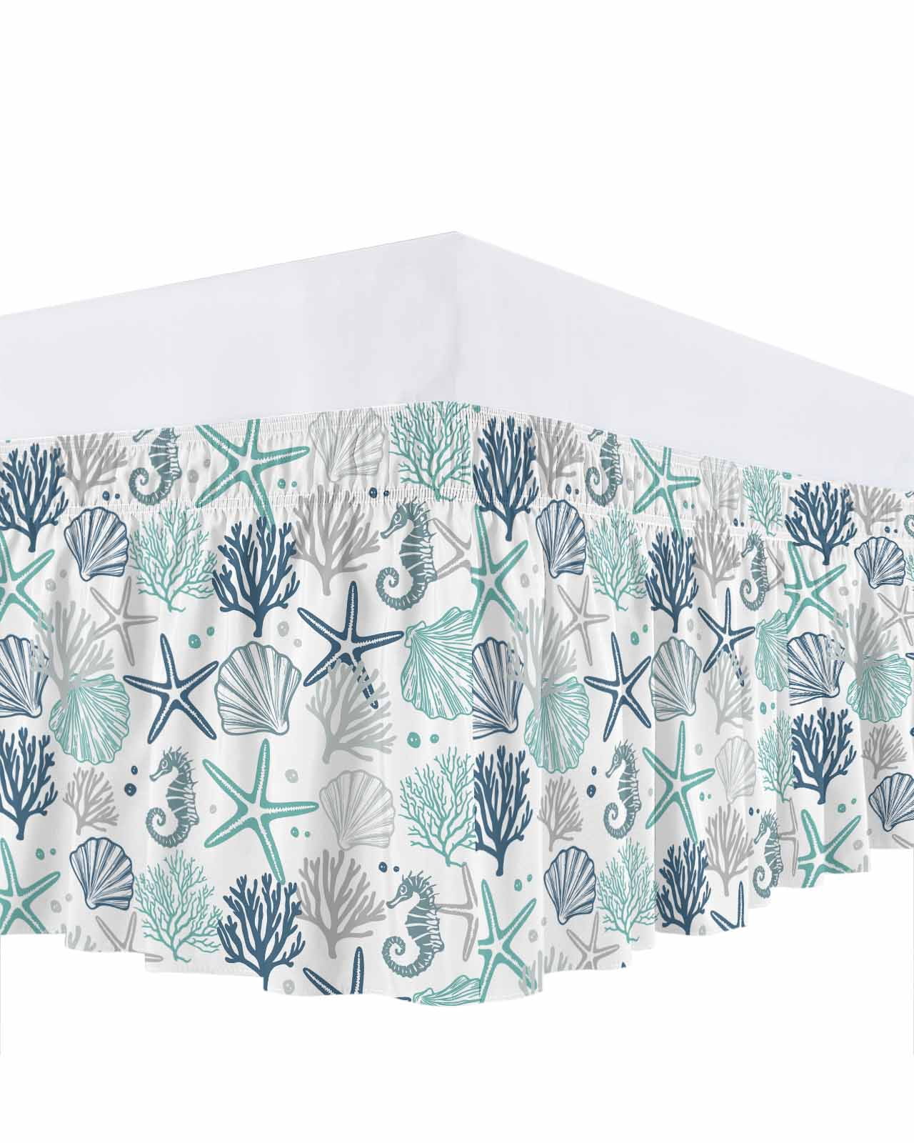 Blue Teal Coastal Bed Skirt King Size, Summer Beach Starfish Coral Nautical Wrap Around Bed Skirting with Adjustable Elastic Strap, Dust Ruffled Pleated Bedskirts 18 Inch Drop for Bedroom King Beds